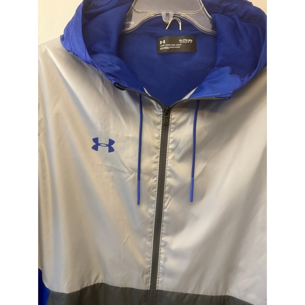 Under Armour Mens Windbreaker Jacket XLT Blue Silver Grey Hooded - Picture 2 of 11